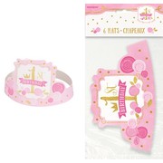 1st Birthday Pink & Gold Party Hats Pk 6