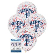 Clear 12in 1st Birthday Latex Balloons with Blue & Red Confetti Pk 6