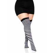 Adult Opaque Black White Stripe Thigh High Stockings Plus 1X/2X
