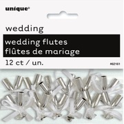 Mini Silver Champagne Flutes with White Ribbon Wedding Favours (Pk 12)