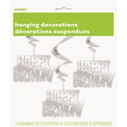 Happy Birthday Silver Hanging Swirl Decorations Pk 3