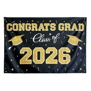 Graduation Banner Congrats Grad Class of 2026 Black Gold 150cm x 100cm Fabric