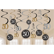 Black Gold Silver 50th Birthday Hanging Swirl Decorations (Pk 12)