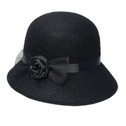 1920s Black Felt Flapper Cloche Hat with Satin Rosette | Vintage Costume Hat