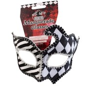 Black & White Harlequin Masquerade Mask on Glasses Arms Pk 1