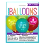 Metallic Happy Birthday AOP Latex Balloons 12in 30cm (Pk 8)