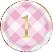 1st Birthday Pink Gingham Paper Plates 22cm Pack of 8 | First Birthday Party Plates