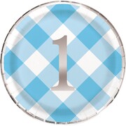 1st Birthday Blue Gingham Paper Plates 22cm Pack of 8 | First Birthday Party Plates