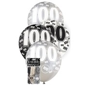 Pearl Black Silver White Number 100 AOP Latex Balloons 12in 30cm Pk 6