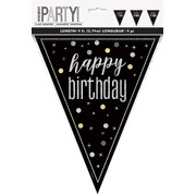 Black & Silver Happy Birthday Bunting Banner 9 Flags | Holographic Foil Triangle Flag Decoration 2.74m
