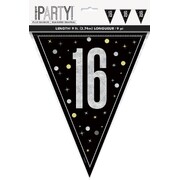 Black & Silver 16 Bunting Banner 9 Flags | Holographic Foil Triangle Flag 16th Birthday Decoration 2.74m