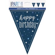 Navy Blue Happy Birthday Bunting Banner 9 Flags | Holographic Foil Triangle Flag Decoration 2.74m