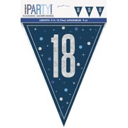 Navy Blue 18 Bunting Banner 9 Flags | Holographic Foil Triangle Flag 18th Birthday Decoration 2.74m