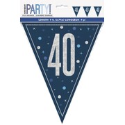 Navy Blue 40 Bunting Banner 9 Flags | Holographic Foil Triangle Flag 40th Birthday Decoration 2.74m