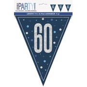 Navy Blue 60 Bunting Banner 9 Flags | Holographic Foil Triangle Flag 60th Birthday Decoration 2.74m