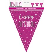 Magenta Pink Happy Birthday Bunting Banner 9 Flags | Holographic Foil Triangle Flag Decoration 2.74m