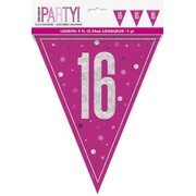 Magenta Pink 16 Bunting Banner 9 Flags | Holographic Foil Triangle Flag 16th Birthday Decoration 2.74m
