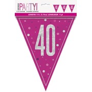 Magenta Pink 40 Bunting Banner 9 Flags | Holographic Foil Triangle Flag 40th Birthday Decoration 2.74m