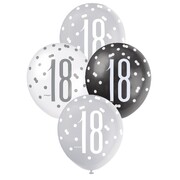 18th Birthday Pearl Metallic Latex Balloons 30cm Black Silver & White Pack of 6 | Helium Quality