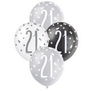 21st Birthday Pearl Metallic Latex Balloons 30cm Black Silver & White Pack of 6 | Helium Quality