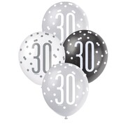 30th Birthday Pearl Metallic Latex Balloons 30cm Black Silver & White Pack of 6 | Helium Quality