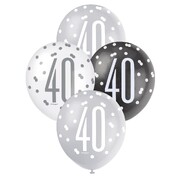 40th Birthday Pearl Metallic Latex Balloons 30cm Black Silver & White Pack of 6 | Helium Quality