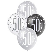 Pearl Black Silver White Number 50 AOP Latex Balloons 12in 30cm (Pk 6)