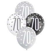 Black Silver White Number 70 Latex Balloons 30cm Pk 6