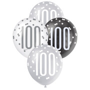 Metallic Black & Silver Number 100 Latex Balloons 30cm (Pk 6)