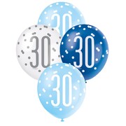 30th Birthday Pearl Metallic Latex Balloons 30cm Blue & White Pack of 6 | Helium Quality