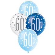 Metallic Blues & White Number 60 Latex Balloons 30cm (Pk 6)