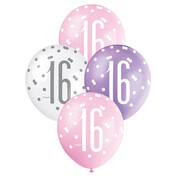Pearl Pink Purple White Number 16 AOP Latex Balloons 12in 30cm (Pk 6)