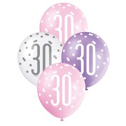30th Birthday Pearl Metallic Latex Balloons 30cm Purple Pink & White Pack of 6 | Helium Quality