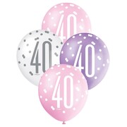 40th Birthday Pearl Metallic Latex Balloons 30cm Purple Pink & White Pack of 6 | Helium Quality