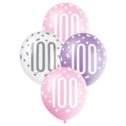 Pearl Pink Purple White Number 100 Latex Balloons 30cm (Pk 6)