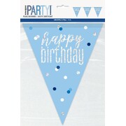Light Blue Happy Birthday Bunting Banner 9 Flags | Holographic Foil Triangle Flag Decoration 2.74m