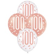 Rose Gold & White Number 100 Latex Balloons 30cm (Pk 6)