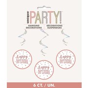 Prismatic Silver & Rose Gold Happy Birthday Hanging Swirl Decoration Pk 6