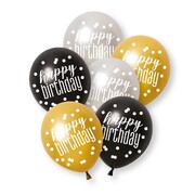 Black Silver Gold Happy Birthday 30cm Latex Balloons Pk 6
