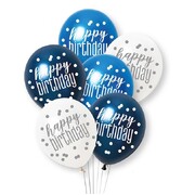 Blue White Happy Birthday 30cm Latex Balloons Pk 6