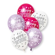 Pink Lilac White Happy Birthday 30cm Latex Balloons Pk 6