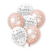 Rose Gold White Happy Birthday 30cm Latex Balloons Pk 6