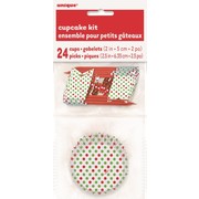 Christmas Red & Green Dots Cupcake Kit With Pick Toppers Pk 24