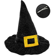 Mini Halloween Witch Hat on Clips - Black Sparkle with Buckle