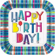 Happy Birthday Striped Foil 9in. Square Paper Plates Pk 8