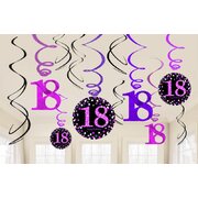 Pink Purple Black 18th Birthday Hanging Swirl Decorations (Pk 12)