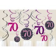 Pink Purple Black 70th Birthday Hanging Swirl Decorations (Pk 12)