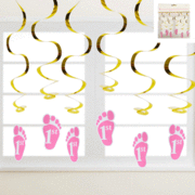 1st Birthday Girl Pink & Gold Hanging Swirl Decorations Pk 6