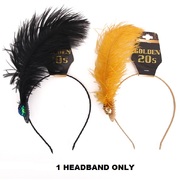 Black or Gold 1920's Flapper Headband with Feather (Pk 1)