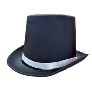 Black Satin Top Hat with White Ribbon Trim | Adult Fancy Dress Costume Hat